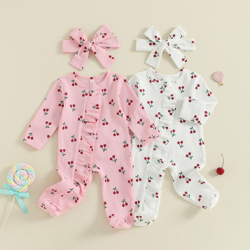 Citgeett Autumn Newborn Baby Girl Fall Romper Print Long Sleeve Zipper Ruffled Footed Jumpsuit Headband Clothes