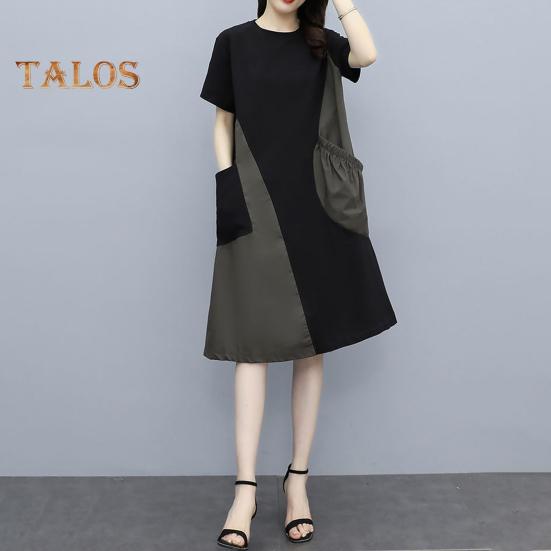 Women Midi Dress Round Neck Short Sleeve Loose Fit Summer Dress with Pockets Patchwork Color Lightweight Casual Dress