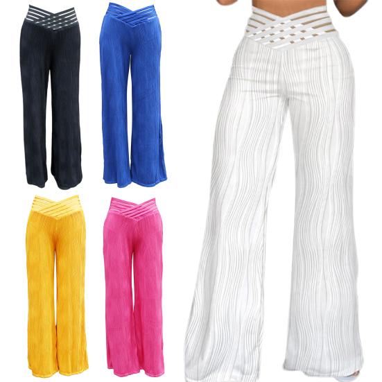 Calças Flare Plus Size para Mulheres V Crossover Cintura Alta Calças Boca de Sino Casuais Boho Jacquard