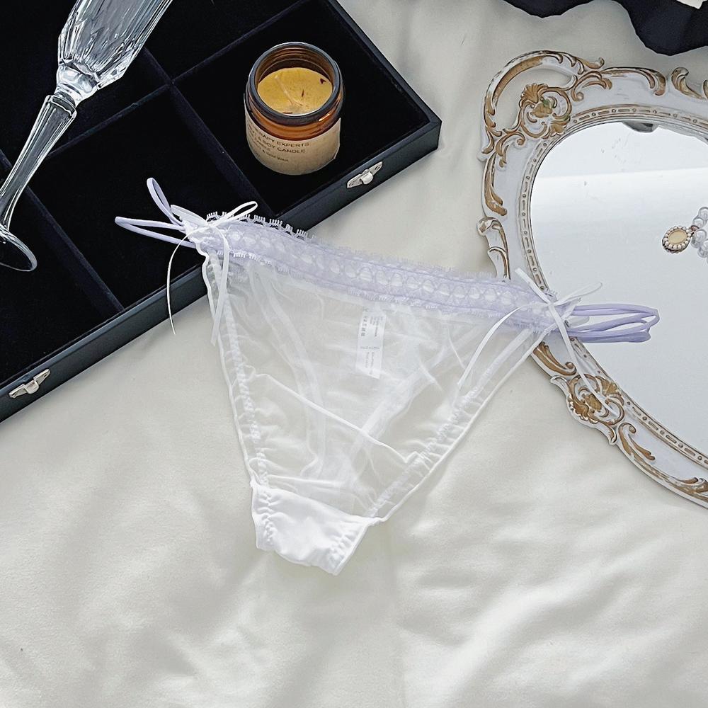 Sexy Damen-Slips Tanga mit Schleife Spitze Jacquard Netz Dünn Transparent Belüftet Niedrige Taille Unterwäsche Der Stoff Ist Bequem Und Weich