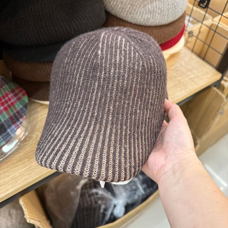 Knitted Striped Wool Cap Wool Blended Cap Casual Versatile Baseball Cap Autumn and Winter Warm Knitted Women