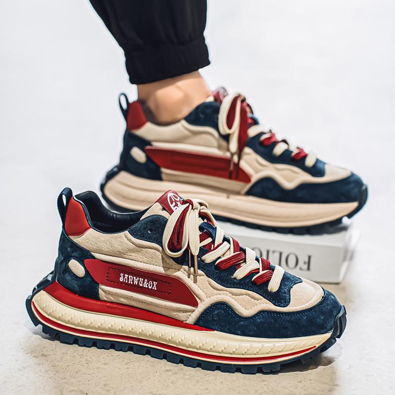 

2025 spring new comfortable matte leather heightening versatile Internet celebrity explosion casual men s shoes fashion color matching dad shoes 44 красный