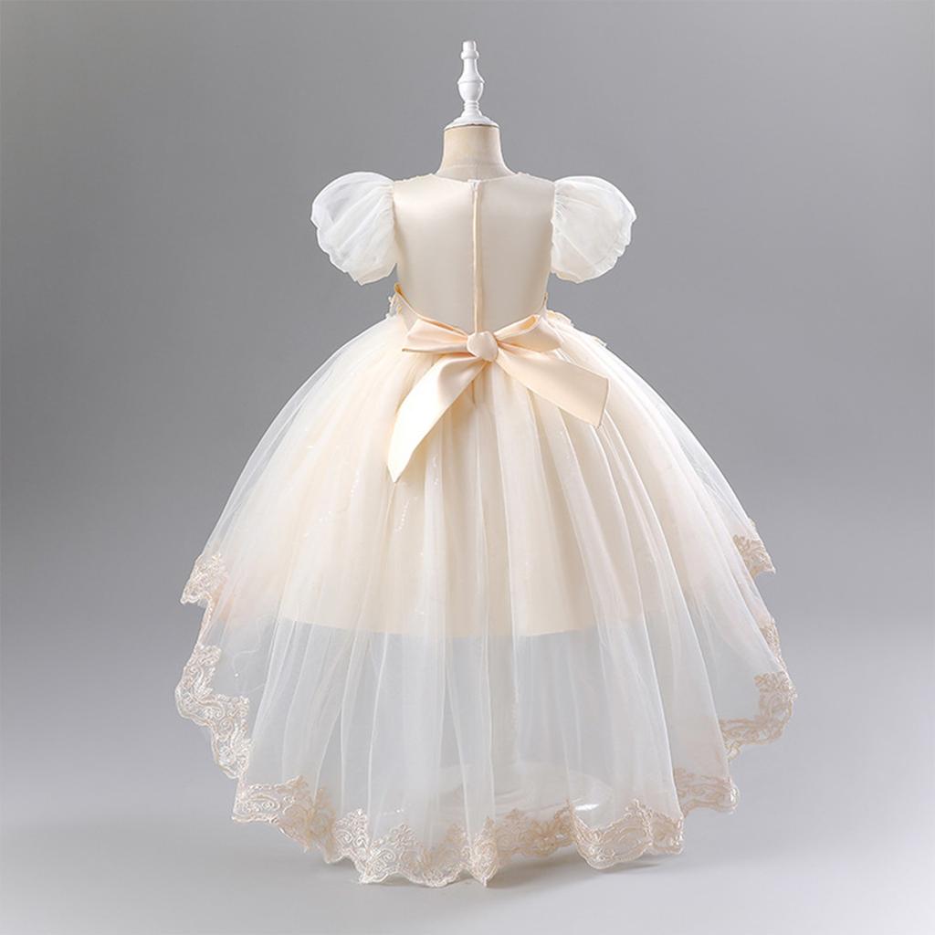 Children's Fashion Solid Color Round Neck Medium Sized Girls' Princess Dress Dress, Puffy Mesh Dress
