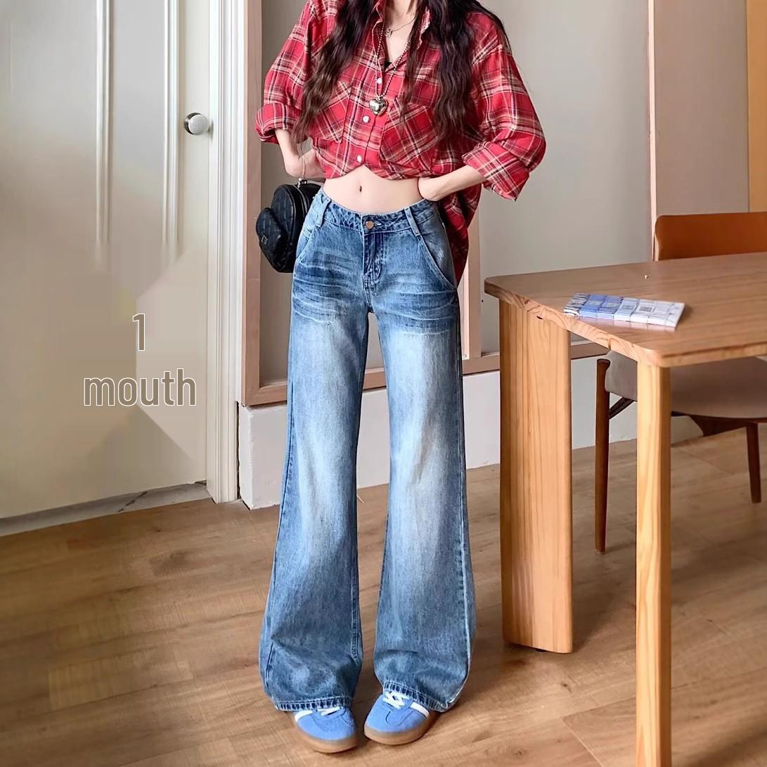 

Women s Plus Size High-Waisted Blue Denim Micro-Flared Pants - Retro Wide-Leg Design for Early Autumn and Winter XL синий