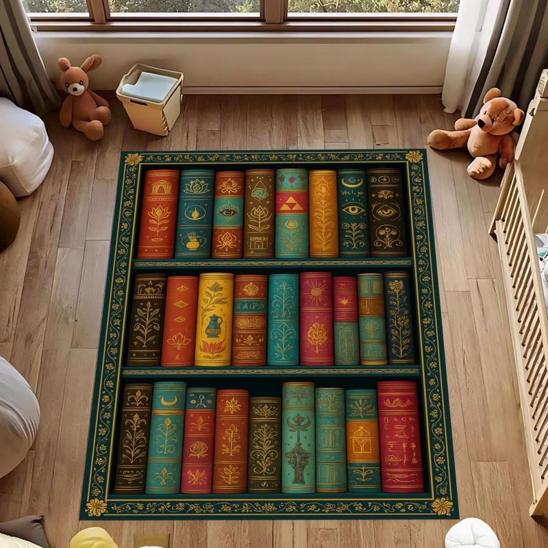 Vintage Bookshelf Colorful Floral Green Plant Non Slip Floor Rug Book Lover Library Reading Room Washable Indoor Living Bedroom Area Carpet