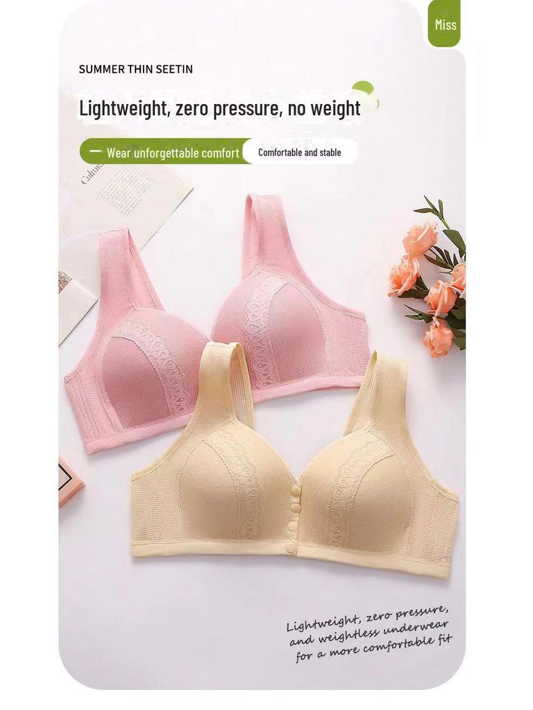 Large Thin Front-Button Bra for Middle-Aged and Elderly Mothers, No Steel Ring, Full-Cup Vest