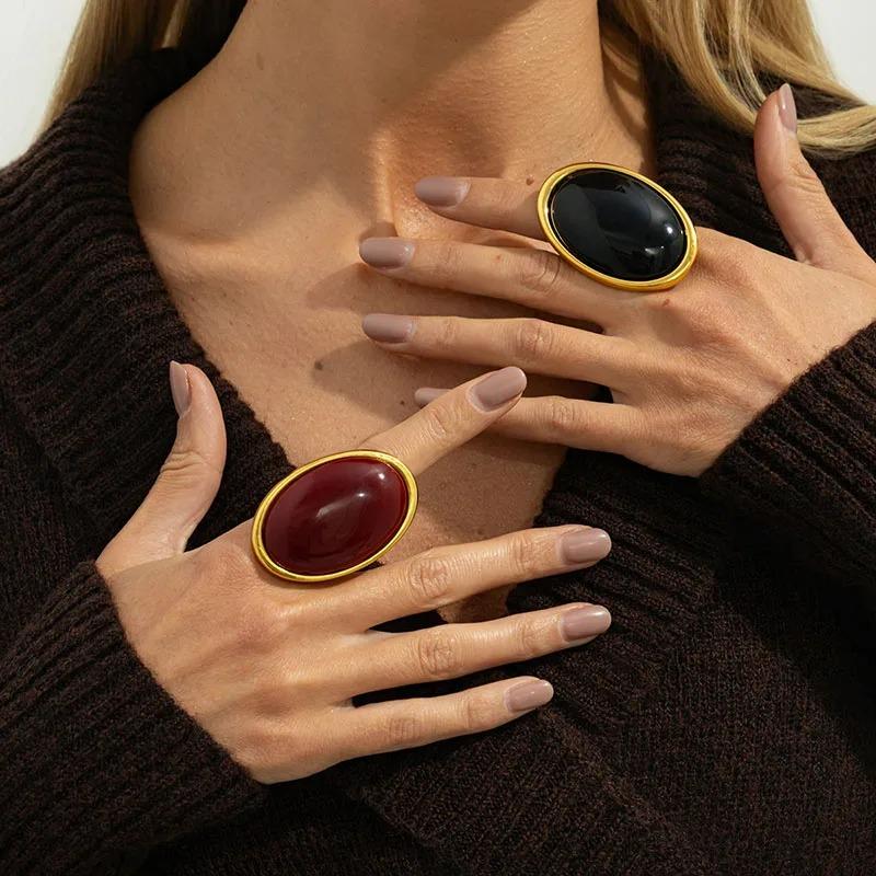 New Vintage Geometry Red Black Oval Resin Finger Ring Women Fashion Elegant Unique Rings Charm Party Accessories Jewelry Gift