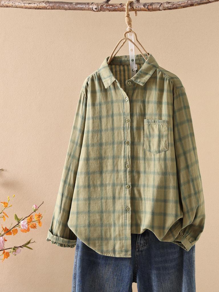Women's Long Sleeve Japanese Style Plaid Shirt - Double-layer, Skin-friendly, Breathable Pure Cotton