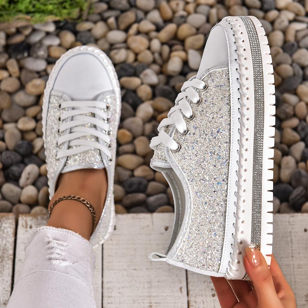 Comemore Women's Casual Shoes Flat Bottom Rhinestone Lace-up Sneakers for Women Spring Autumn Pltatform Sports Board Shoe Female