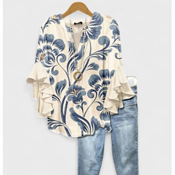 

Women s Boho Floral Blouse Ruffle Sleeve Casual Loose Fit Soft Fabric Elegant Shirt for Vacation XS