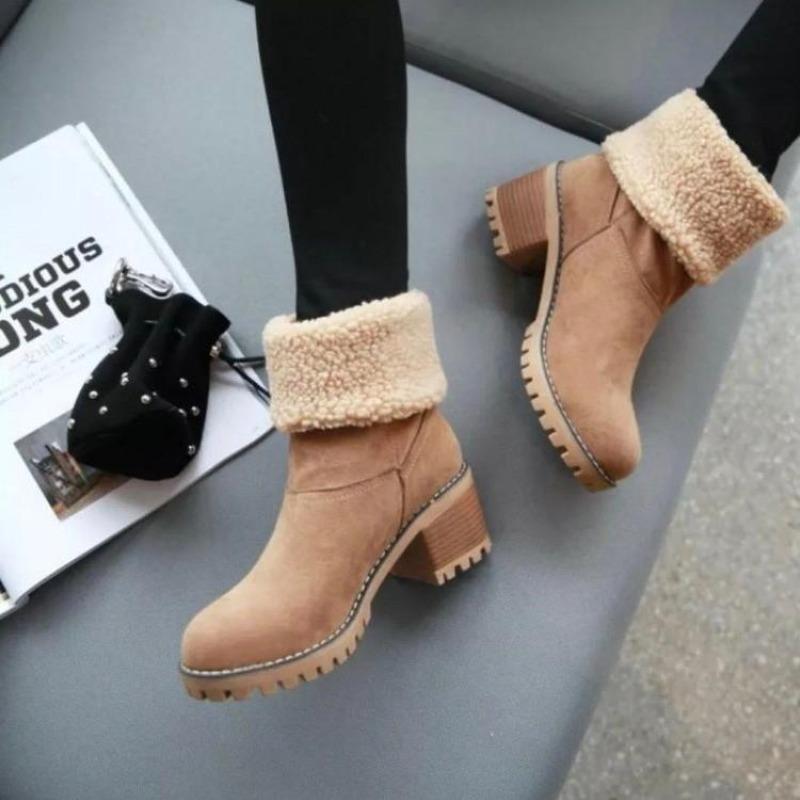 New Autumn and Winter European and American Large-size Fluffy Women's Boots Thick Heel and High Heel Wear Warmwomen's Boots Medium Boots Cotton Shoes