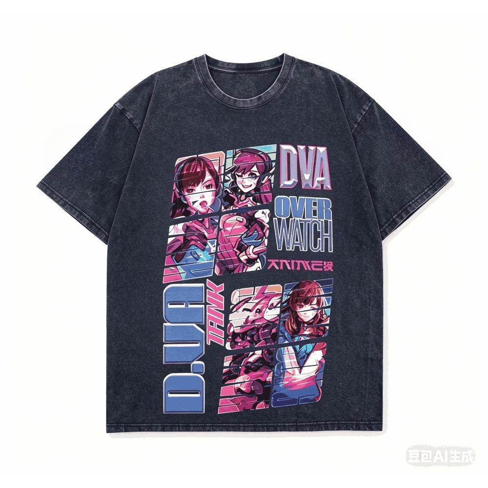 D. Va Overwatch Washed T-shirt Year round clothing high quality personality Clothes Plus Size Unisex New Model Couples tee L