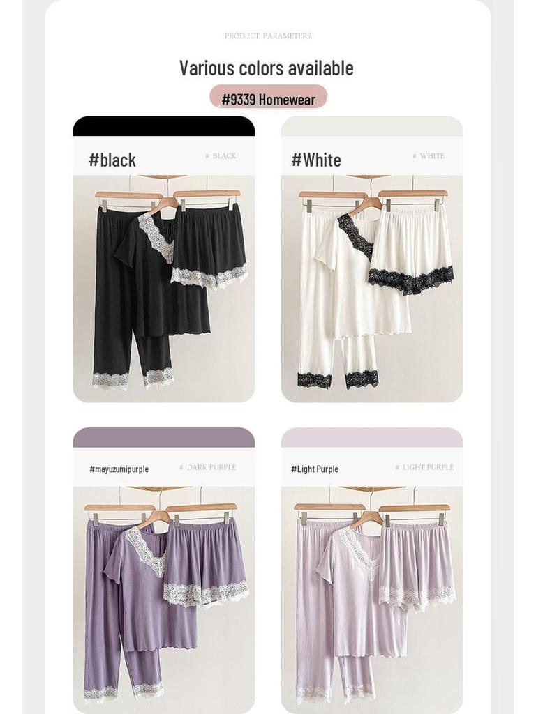 Lace Pajama Set with Built-in Bra, Women’s 3-Piece Home and Outdoor Loungewear for Spring and Autumn.