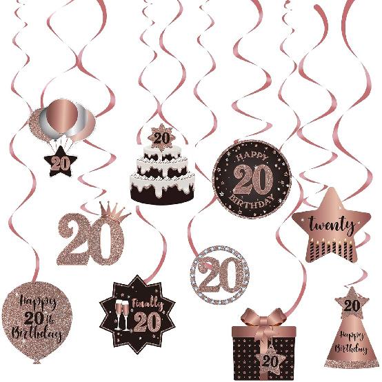 Happy 20th Birthday Party Hanging Swirls Streams Ceiling Decorations, Celebration 20 Foil Hanging Swirls with Cutouts for 20 Years Old Rose Gold