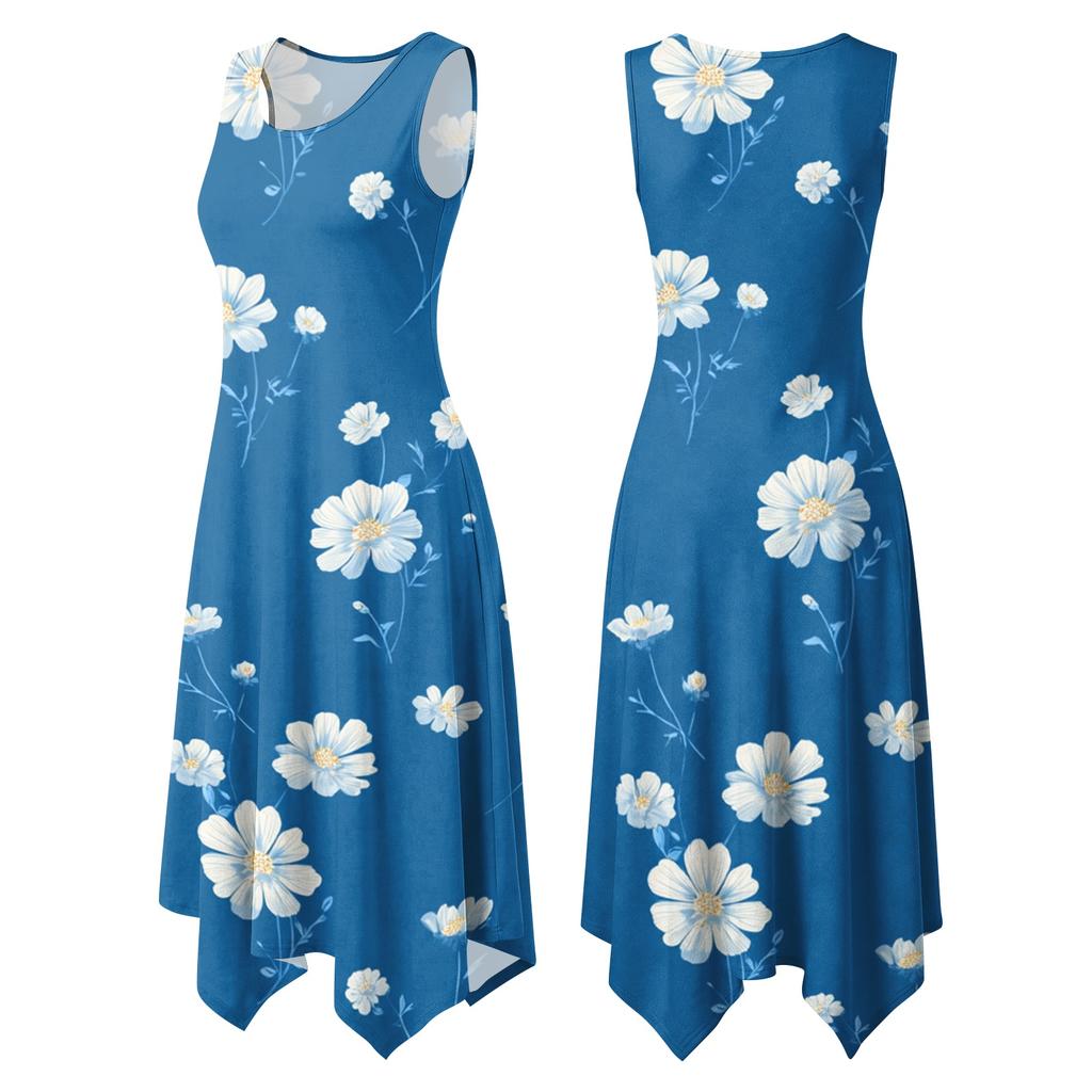 Women's Casual Sleeveless Floral Print Dress Mid-Length Round Neck Irregular Hem Summer Beach Dress