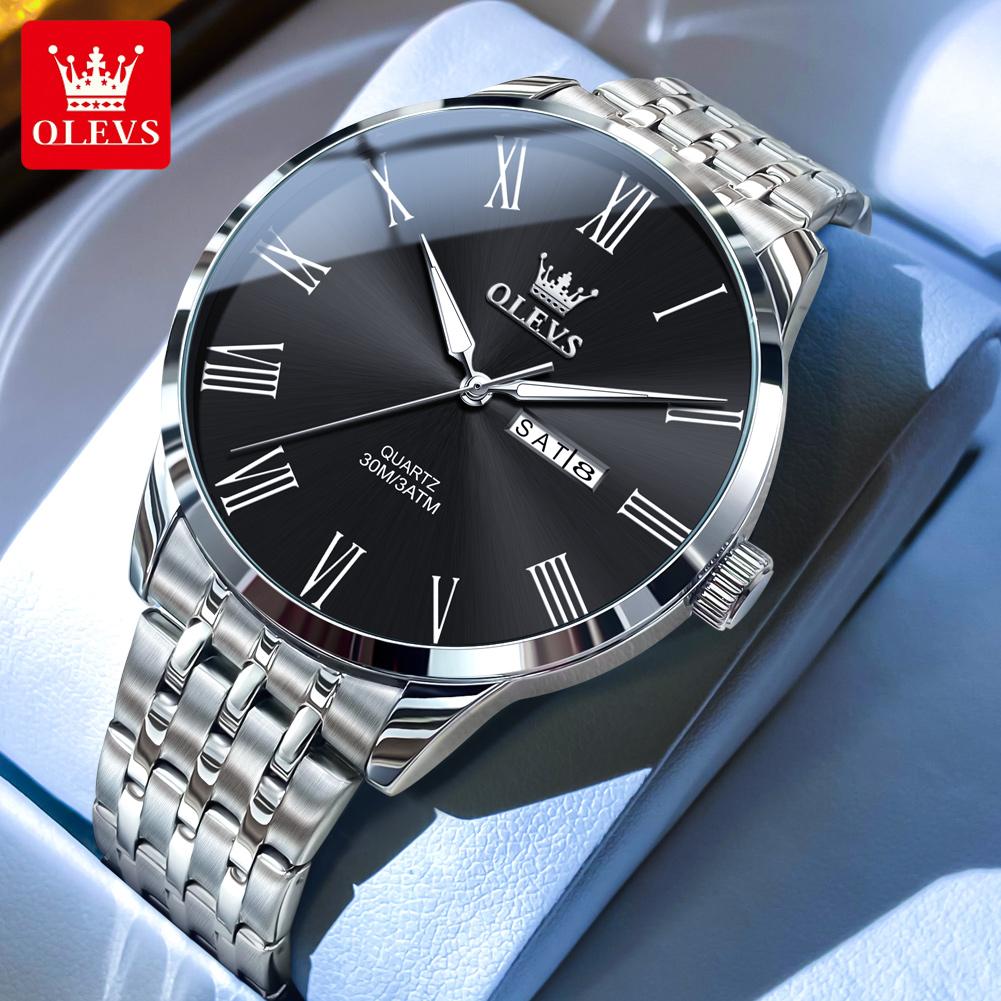 OLEVS 3633 Mens Watch Original Stainless Steel Quartz Watch Waterproof Luminous Week Date Watches For Man Large Dial Box Gifts