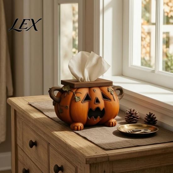Novelty Home Accessory Halloween Pumpkin Tissue Box Holder, Resin Decorative Facial Funny Face Party Supplies Cover for Office Kitchen Living
