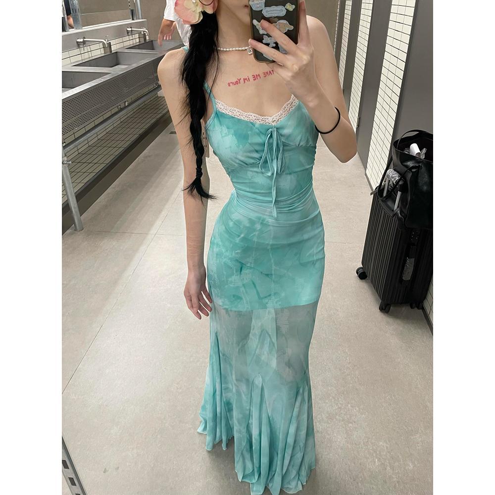 Light green butterfly print mesh suspender dress women's summer seaside vacation fishtail hip wrap long skirt
