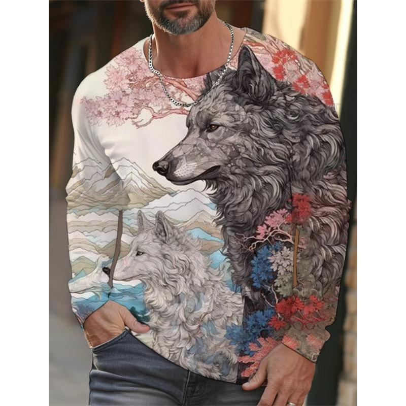 Autumn and Winter Men's Wolf 3D Printed Crew Neck Long Sleeve T-Shirt