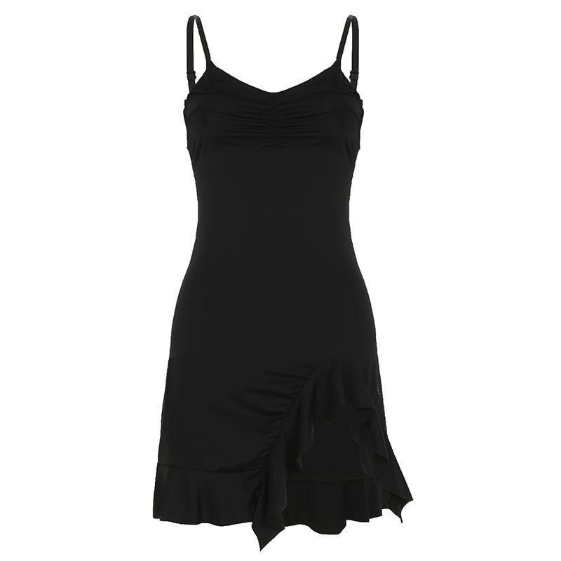 H Family European and American Women's Clothing American Sexy Irregular Slit Black Slip Dress Abstinence Pleated Waist Tight Hip Skirt