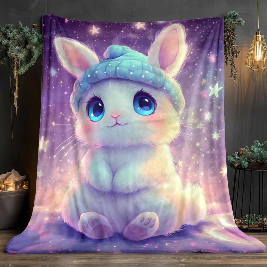 Starry Sky Bunny with Hat Blanket Soft Flannel Throw Home Decor Art Print Cute Animal Bedding Gift for Kids and Girls