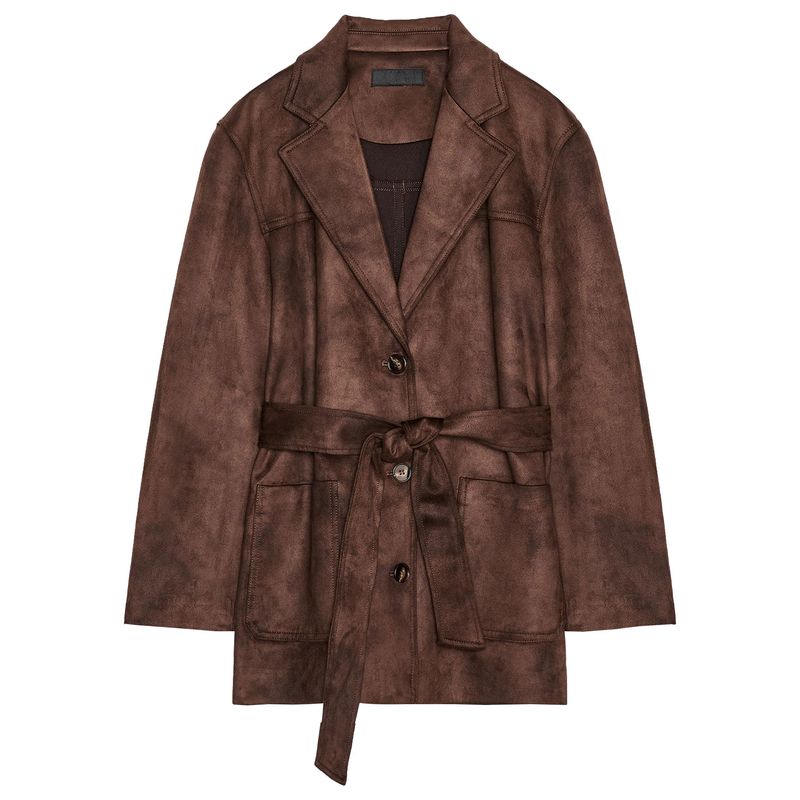 Zaprha 2025 Autumn New Women With Belt Suede Effect Lapel Long Sleeve Jacket 4968221