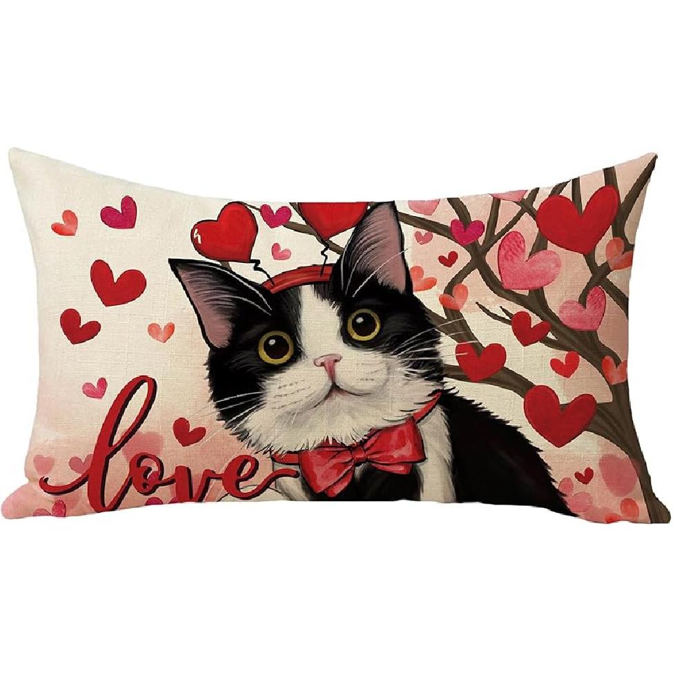 Valentine s Day Tuxedo Cat Lumbar Decorative Pillowcase 30.48 x 50.80 cm,Rectangular Pink Red Love Tree Outdoor Home Decoration,Week Commemorative Valentine s Day Tuxedo Ca