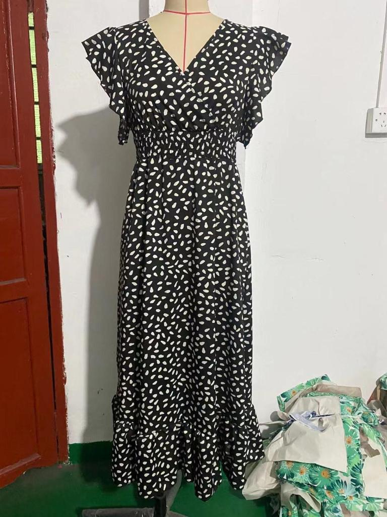 V-Ausschnitt Bedrucktes Kleid Taillenbetont Langer Rock mit Rüschenkante Elegantes Kleid für Damen Ärmellos Lockere Kleider Freizeitkleid