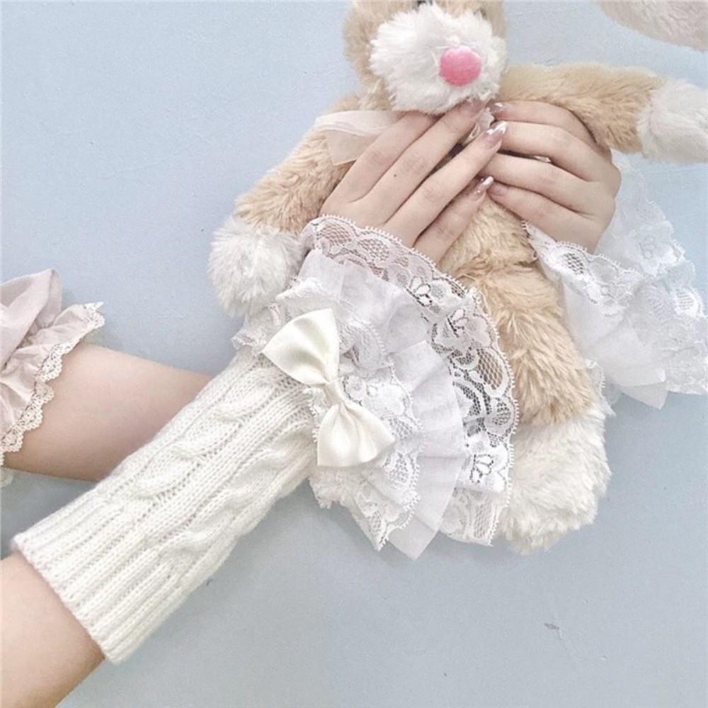 1 pair Lace Ruffle Arm Warmers Gloves Detachable Fingerless Half Gloves False Sleeve Winter Wear