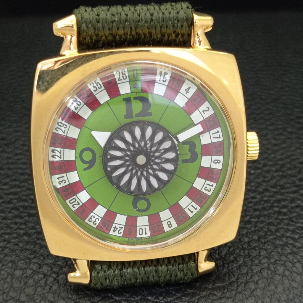 HAND-WINDING VINTAGE SWISS MENS POKER FACE GREEN COLOR DIAL WATCH A701123-5 R205b-a701123