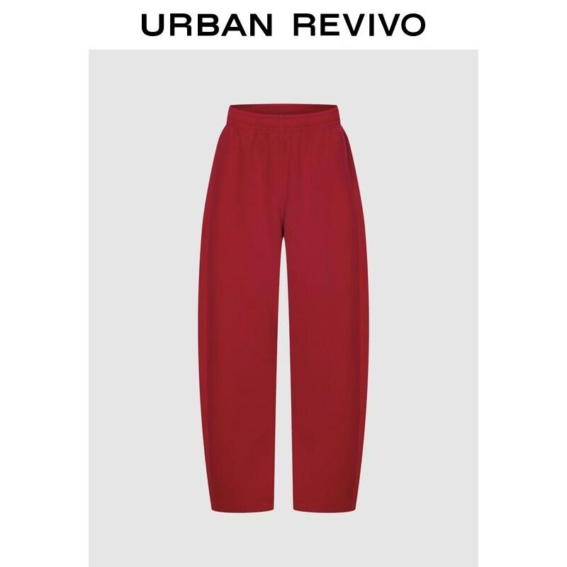 

UR2026 Women s Casual Red Elastic Waist Curved Trousers S