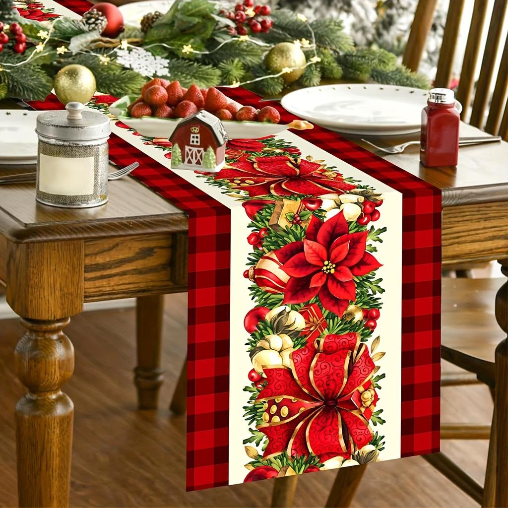 Christmas Poinsettia Flowers Linen Table Runner Holiday Party Decor Winter Xmas Kitchen Dining Table Runner Christmas Decoration