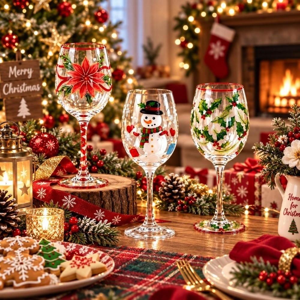 2D Hand Painted Christmas Wine Glass Poinsettia Red Wine Cup Clear Stemmed Cup Home Bar