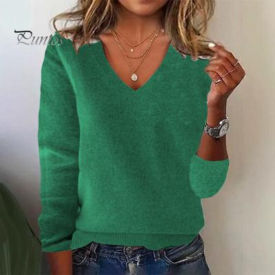 Women Sweater V-Neck Long Sleeve Ribbed Trim Pullover Knitted Tops Casual Loose Dressy Sweater Daily Wear S