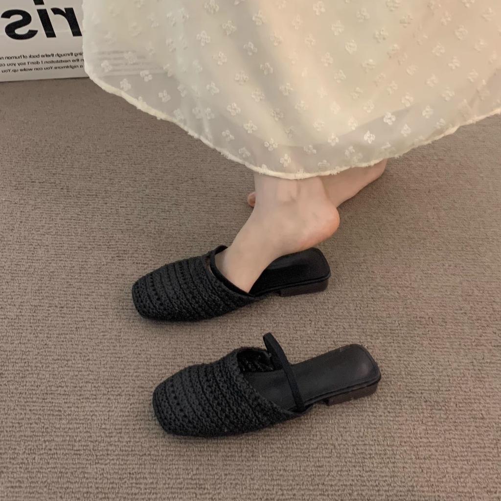 Flat bottom retro brown woven half slippers women's outer wear spring and summer bag head cool slippers
