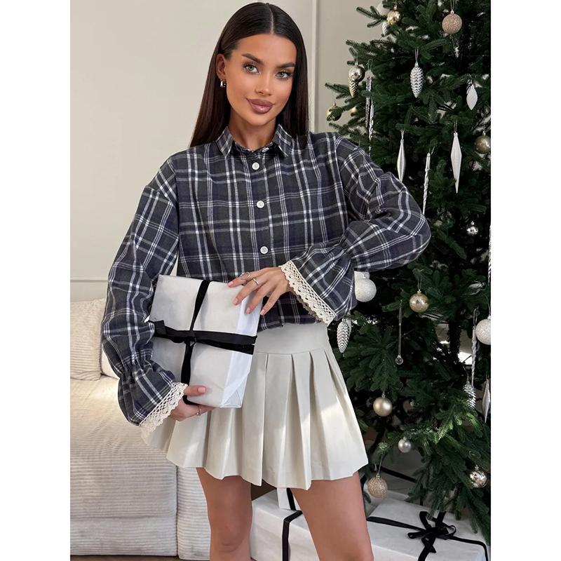 Vintage Streetwear Plaid Design Shirt Women's Autumn Spring Outerwear Casual Shirt Lace Patchwork Long-sleeved Top Women Tops