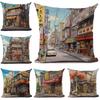 Cartoon Straßenecke Leinen Kissenbezug Japan Architekturstil Heimdekoration Wohnzimmer Sofa Dekokissen Hülle 45x45cm