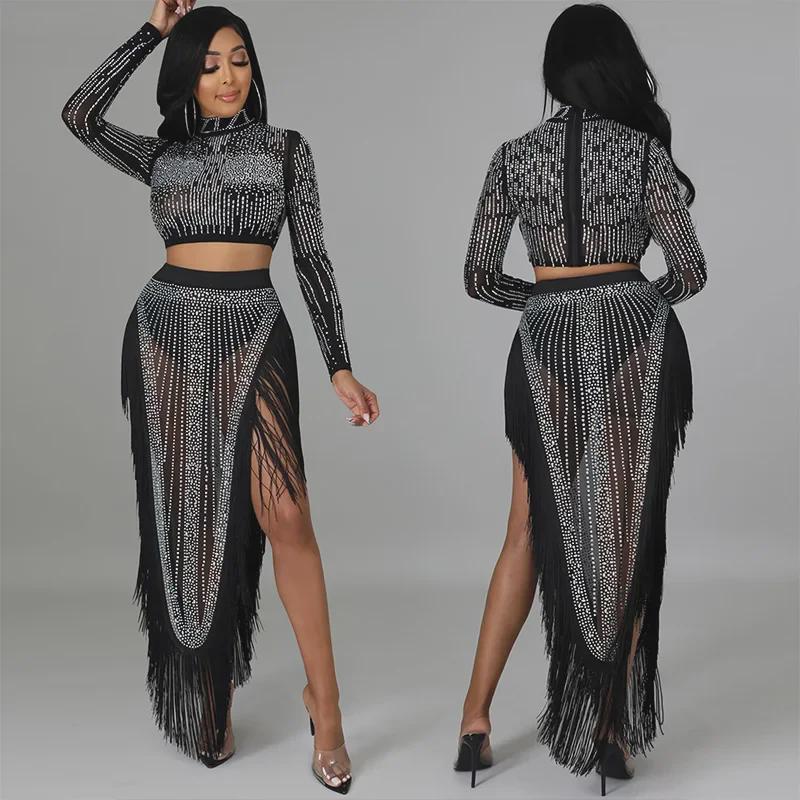 Sexy Evropský a Americký Diamantová Síť Rozparek Dlouhá Sukně Dvoudílný Set