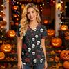 Damski top medyczny z dekoltem w serek, krótkim rękawem i kieszeniami, z nadrukiem Halloween, uniform opiekuna
