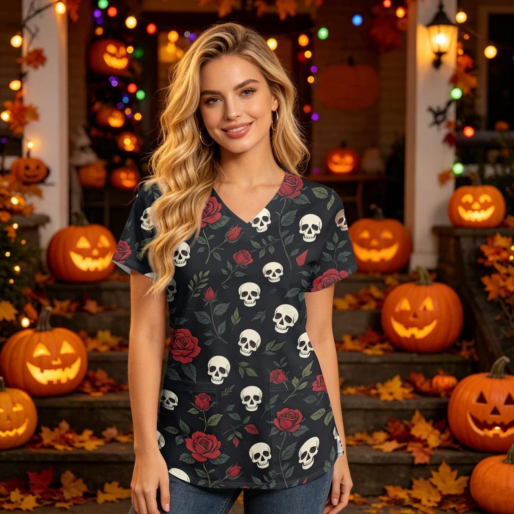 Damski top medyczny z dekoltem w serek, krótkim rękawem i kieszeniami, z nadrukiem Halloween, uniform opiekuna