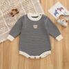 Newborn Cotton Stripe Knit Romper with Bear Embroidery, Color Block, Round Neck & Snap Crotch