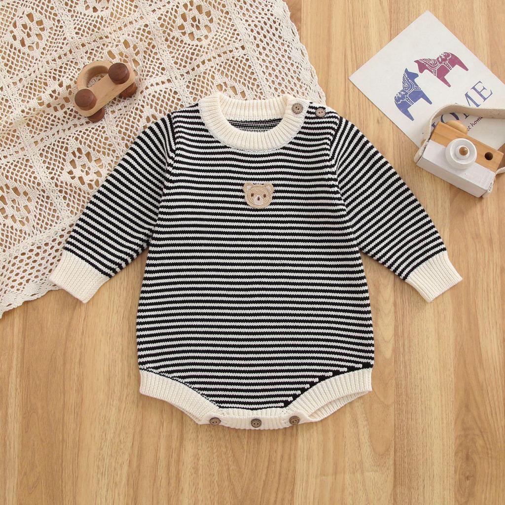 Newborn Cotton Stripe Knit Romper with Bear Embroidery, Color Block, Round Neck & Snap Crotch