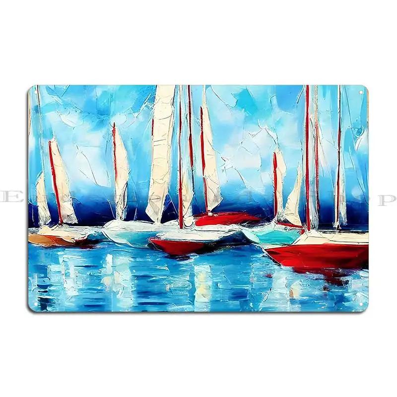 Modern Original Sailboats And Harbor Landscape Art Large Sailboat Abstract Art Nautical Art Viewgraphics Metal Plaque Poster