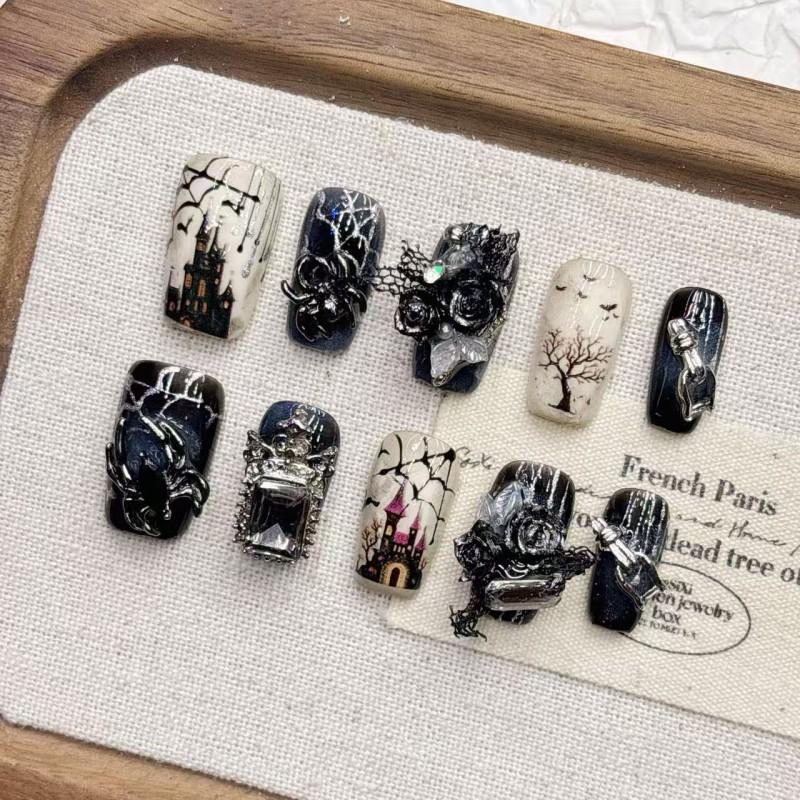 Handmade Gothic Halloween Nail Art Set - 3D Embossed Cross Tulip Butterfly Leopard Print Women Kids Medium