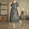 Real Shot Summer New Cotton and Linen Literary and Retro Printing Ethnic Style Waist Thin Short-sleeved Dress Women