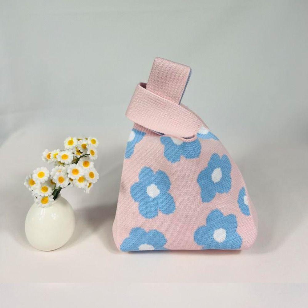 Fashion Flower Embroidery Knitted Handbag Women Mini Knot Wrist Bag Casual Tote Bag Student Handmade Shopping Bags