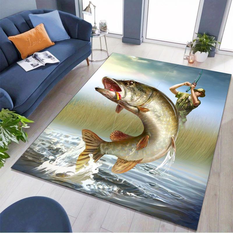 Tappeto Stampato Scenico Cacciatore di Pesca Pesce Grande Antiscivolo Rettangolare Tappetino da Pavimento Amante della Pesca Gaming Decorazione Soggiorno