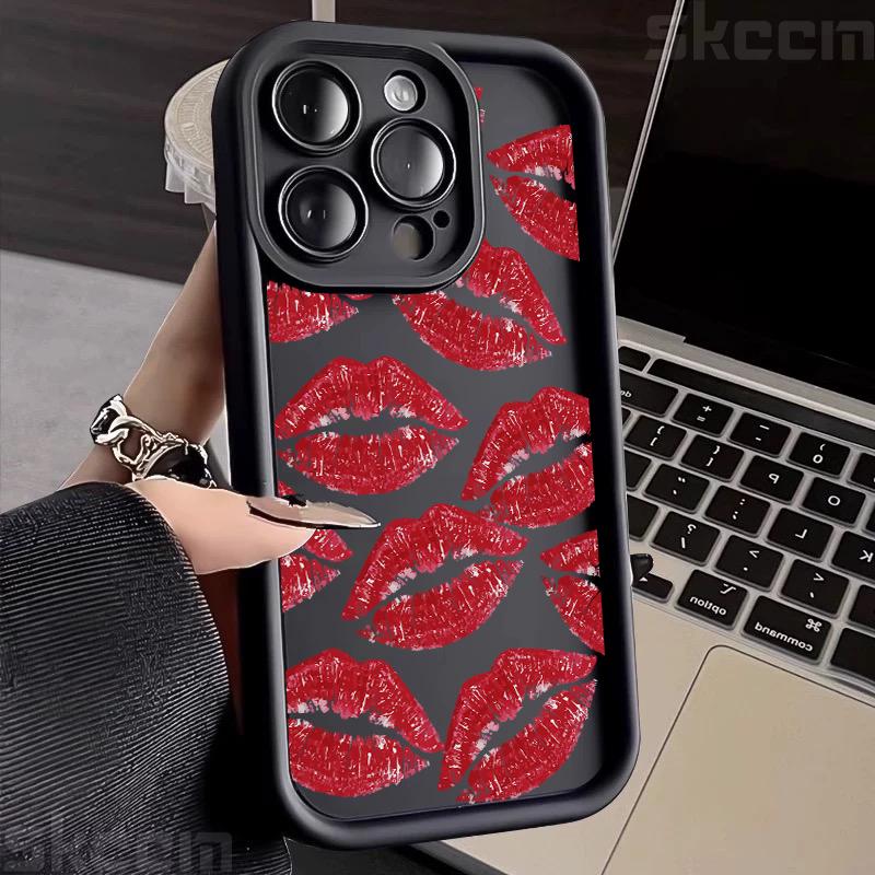 Custodia per Telefono in Morbido Silicone con Stampa Bacio Labbra Nere e Rosse per iPhone 16 Pro Max 15 14 Plus 11 12 13 7 8 Plus X XS XR 16E Cover