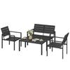 4 Piece Garden Furniture Set, Outdoor Sofa Set with HDPE Slatted Loveseat Armchairs Coffee Table Metal Frame, Black