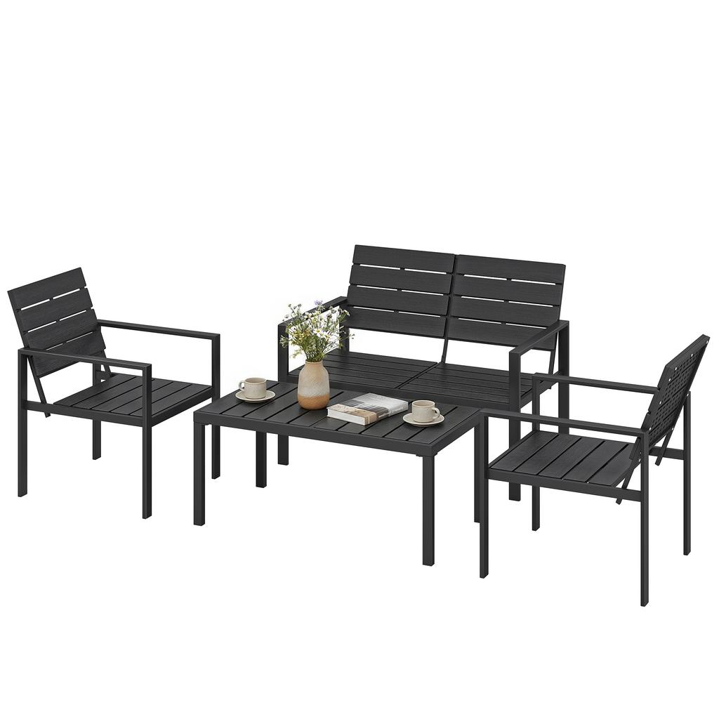 4 Piece Garden Furniture Set, Outdoor Sofa Set with HDPE Slatted Loveseat Armchairs Coffee Table Metal Frame, Black
